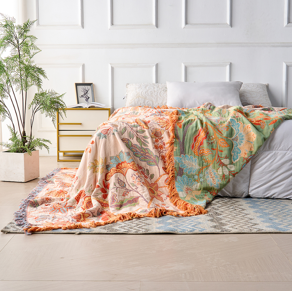 Bohemian Cotton Plaid - Cream with Orange and Blue Floral Print – view 4