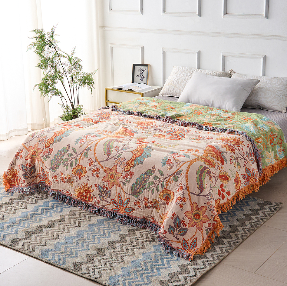 Bohemian Cotton Plaid - Cream with Orange and Blue Floral Print – view 3