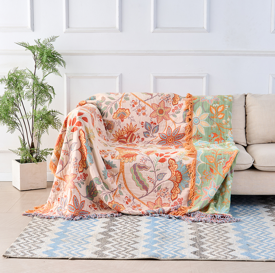 Bohemian Cotton Plaid - Cream with Orange and Blue Floral Print