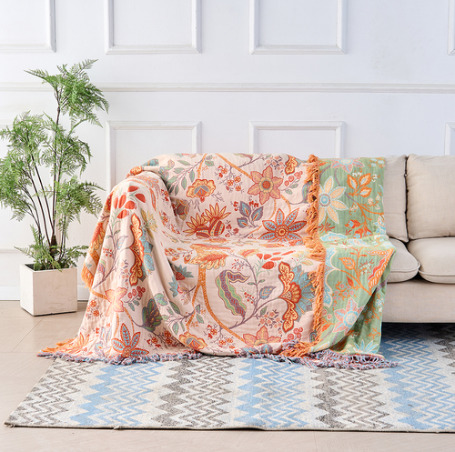 Bohemian Cotton Plaid - Cream with Orange and Blue Floral Print