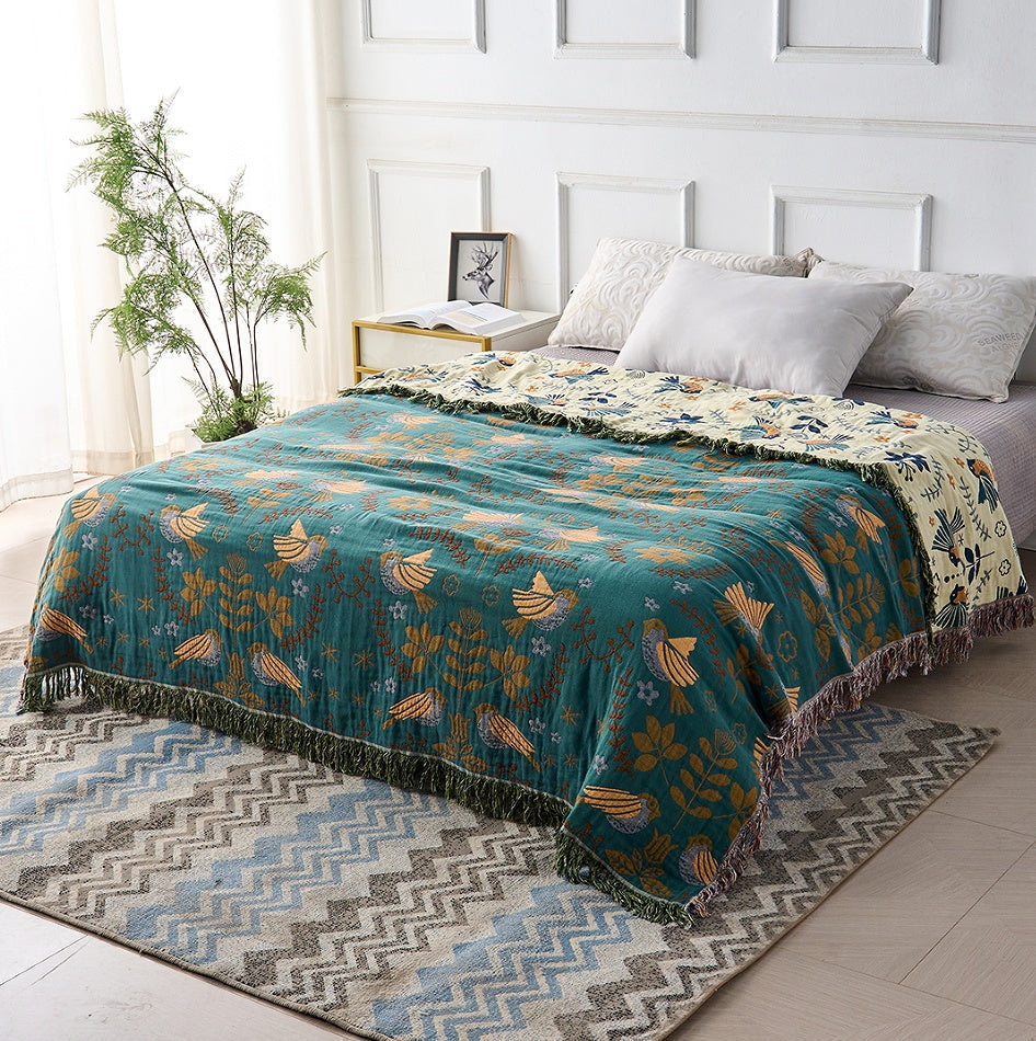 Reversible Bird Print Throw Blanket – Teal and Cream - view 2