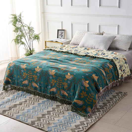 Reversible Bird Print Throw Blanket – Teal and Cream - view 2