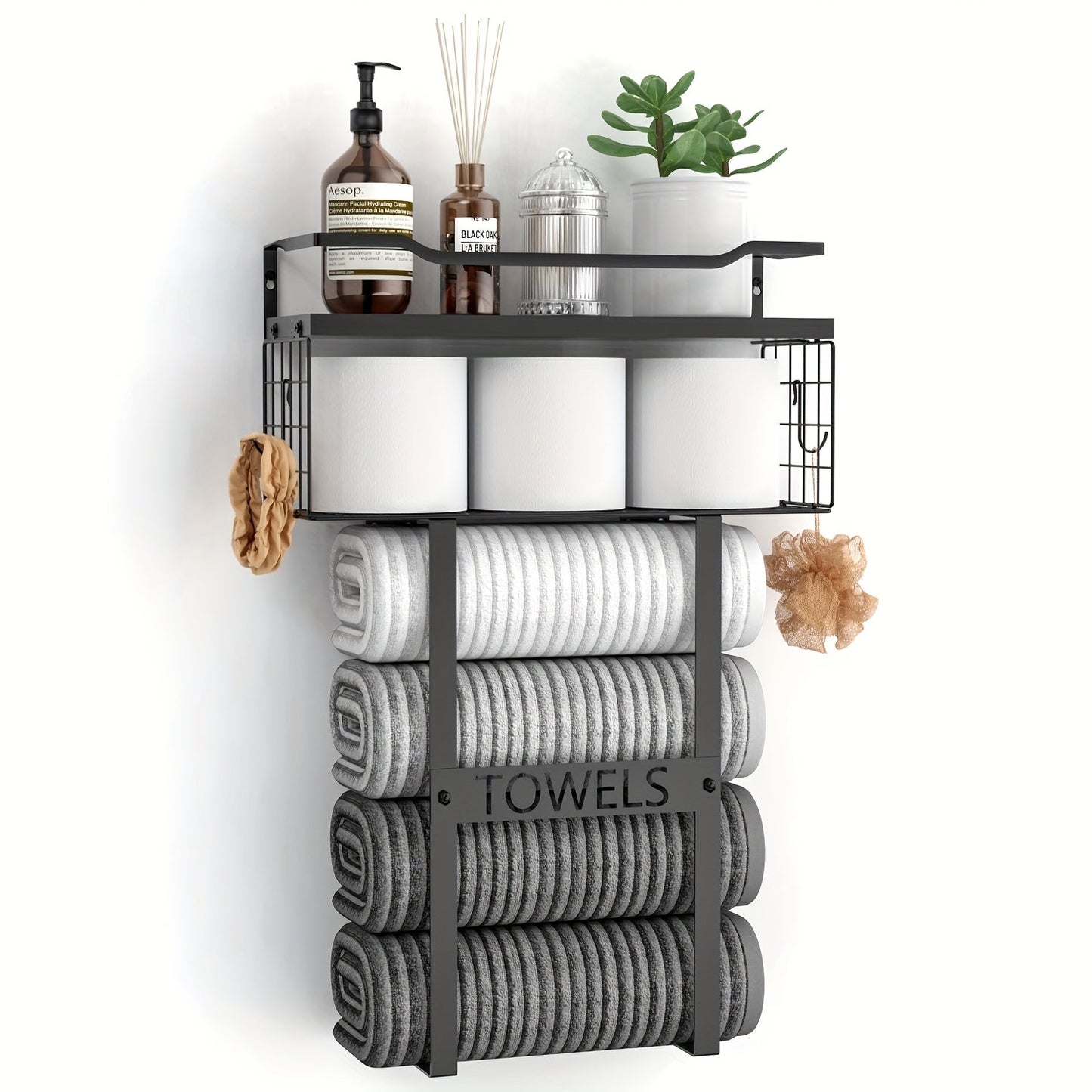 Black Wall-Mounted Towel Holder with Shelf for Bathroom