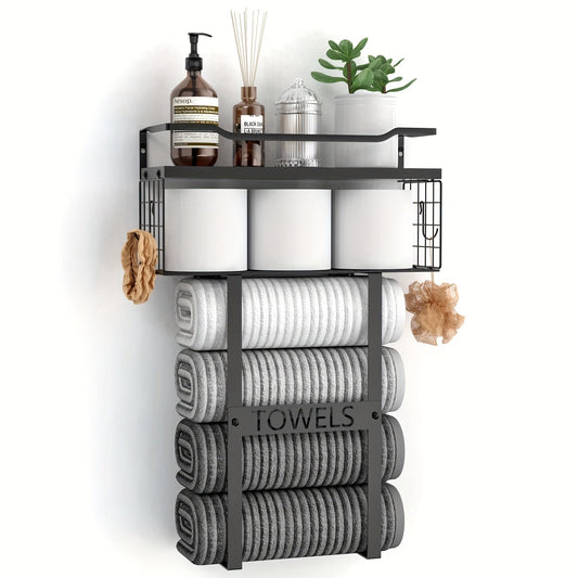 Black Wall-Mounted Towel Holder with Shelf for Bathroom