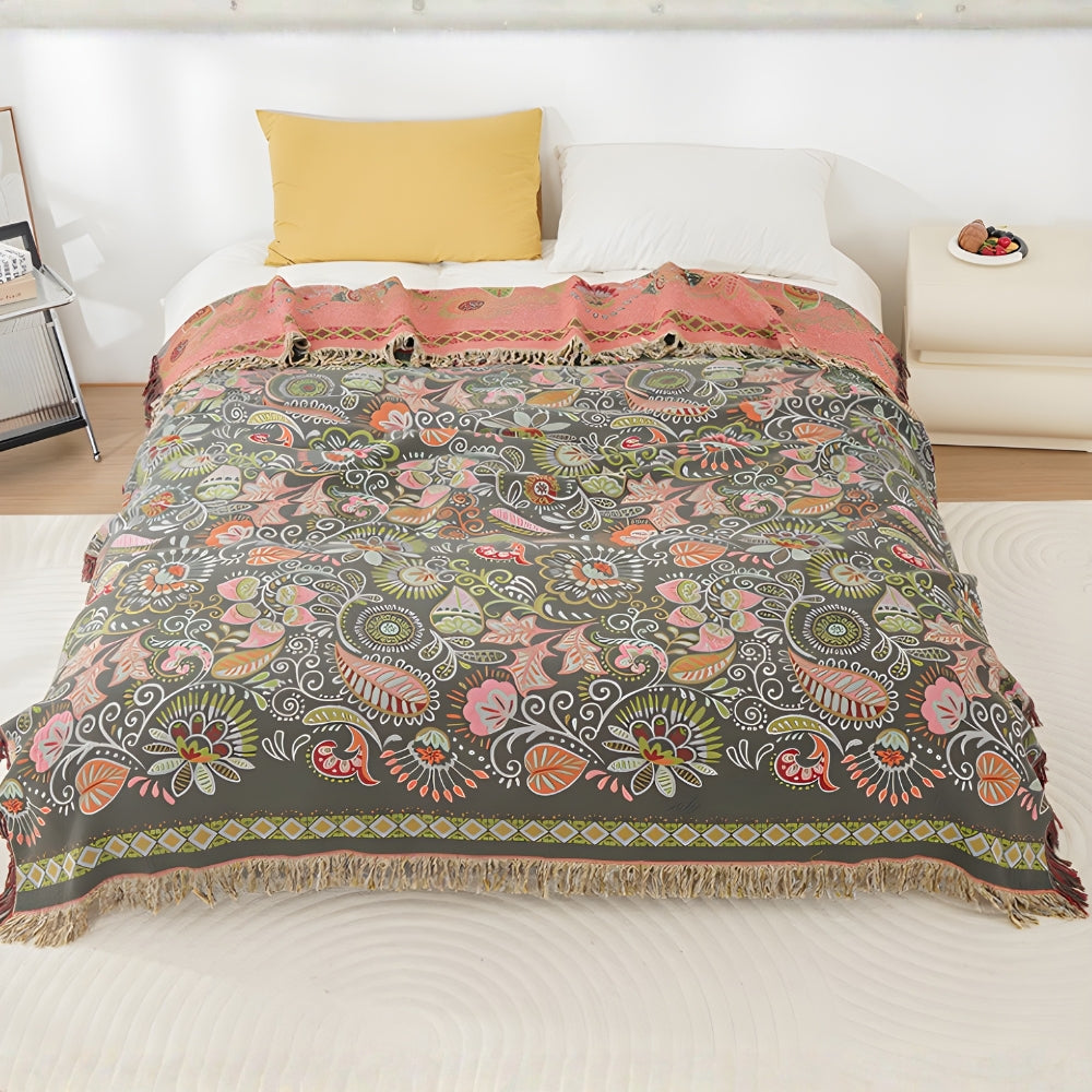 Boho Reversible Blanket with Fringe – Autumn Flowers - view 2