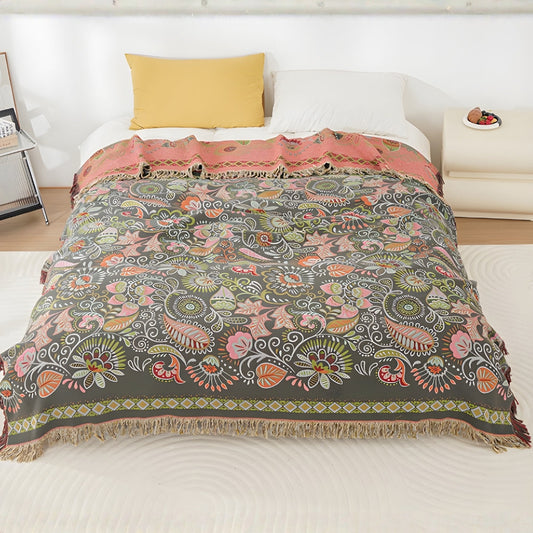 Boho Reversible Blanket with Fringe – Autumn Flowers - view 2