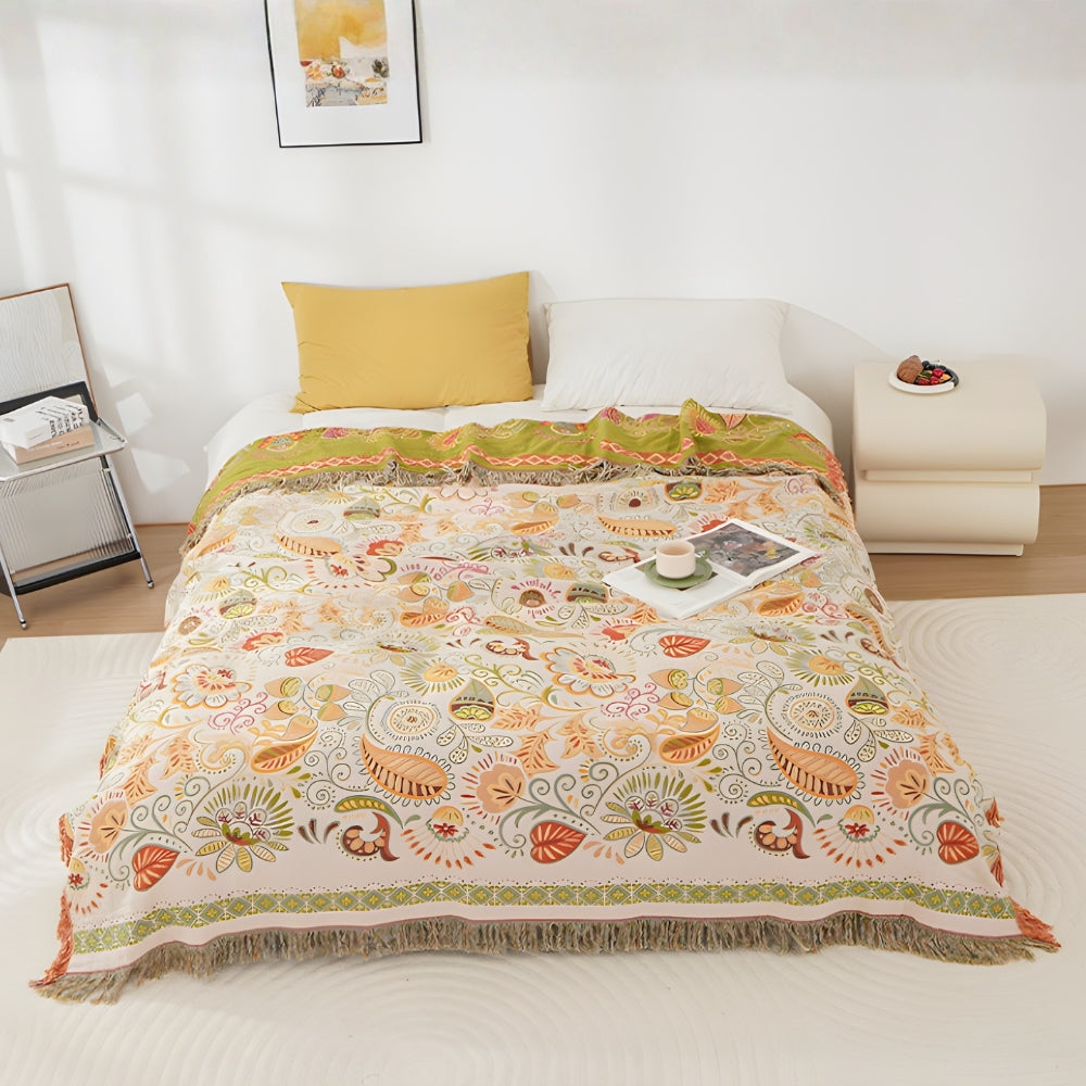 Boho Reversible Blanket with Fringe – Autumn Flowers