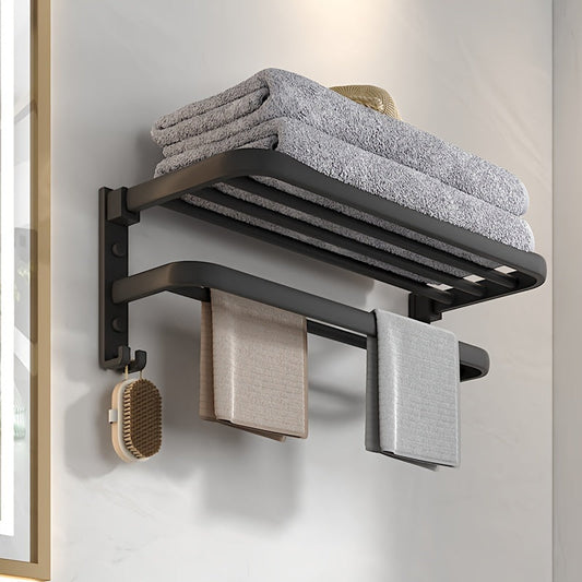 Gold Towel Holder with Space-Saving Shelf and Hooks for Bathroom
