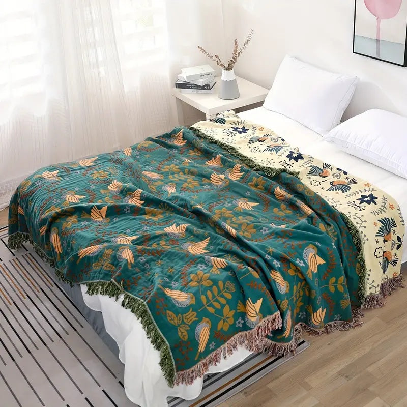 Reversible Bird Print Throw Blanket – Teal and Cream - view 4