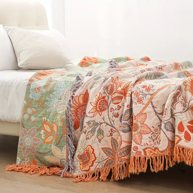 Bohemian Cotton Plaid - Cream with Orange and Blue Floral Print – view 2