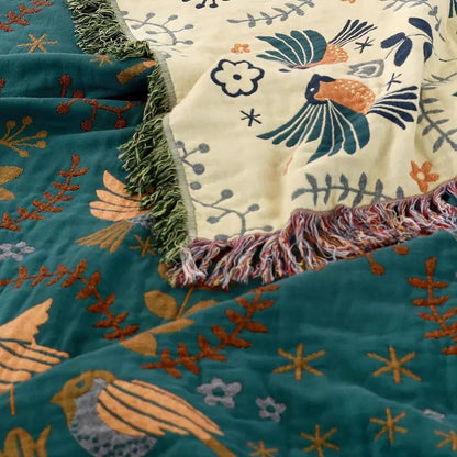 Reversible Bird Print Throw Blanket – Teal and Cream - view 6