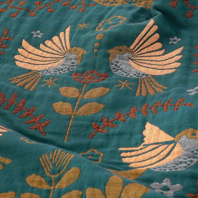 Reversible Bird Print Throw Blanket – Teal and Cream - view 3