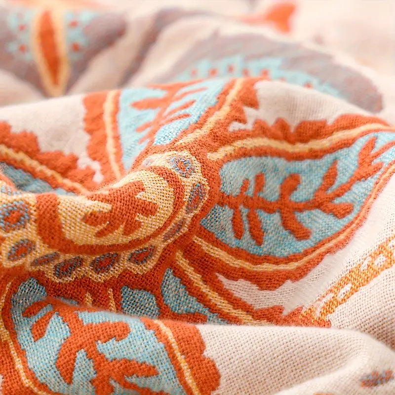 Bohemian Cotton Plaid - Cream with Orange and Blue Floral Print – view 8