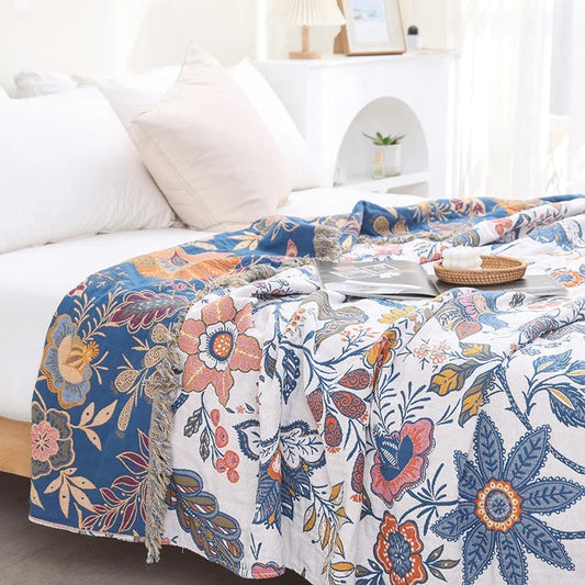 Lightweight Floral Throw with Fringe for Sofa or Bedroom