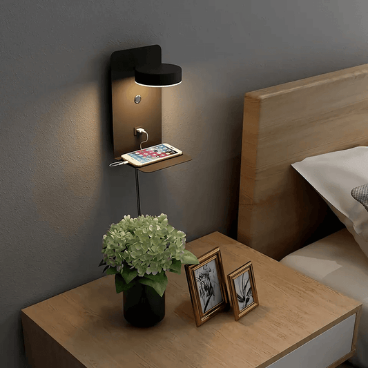 Multifunctional Black Lamp with Charging Station and Shelf