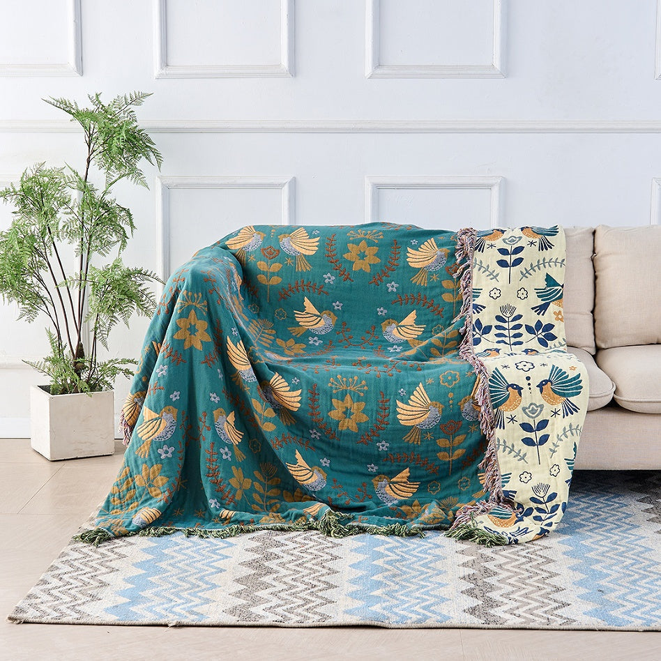 Reversible Bird Print Throw Blanket – Teal and Cream