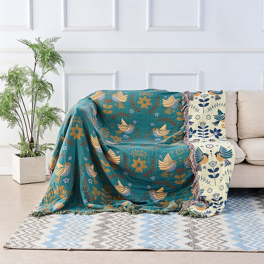 Reversible Bird Print Throw Blanket – Teal and Cream