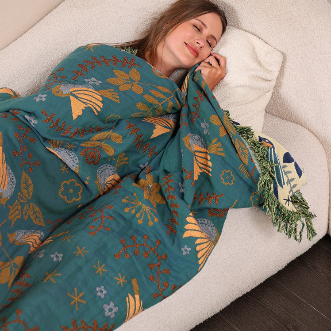 Reversible Bird Print Throw Blanket – Teal and Cream - view 5