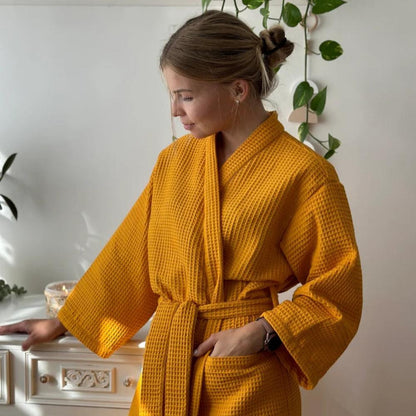 Waffle Bathrobe in Beige with V-Neck and Adjustable Waist