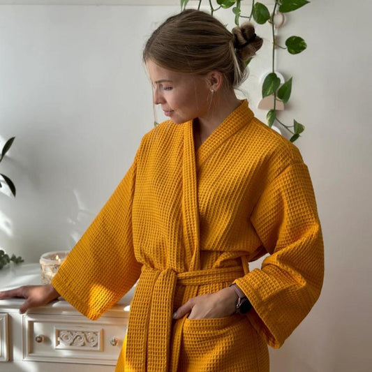 Waffle Bathrobe in Beige with V-Neck and Adjustable Waist