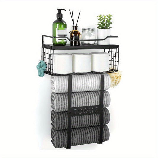 Rustic Towel Holder with Wall Shelf for Bathroom Decor